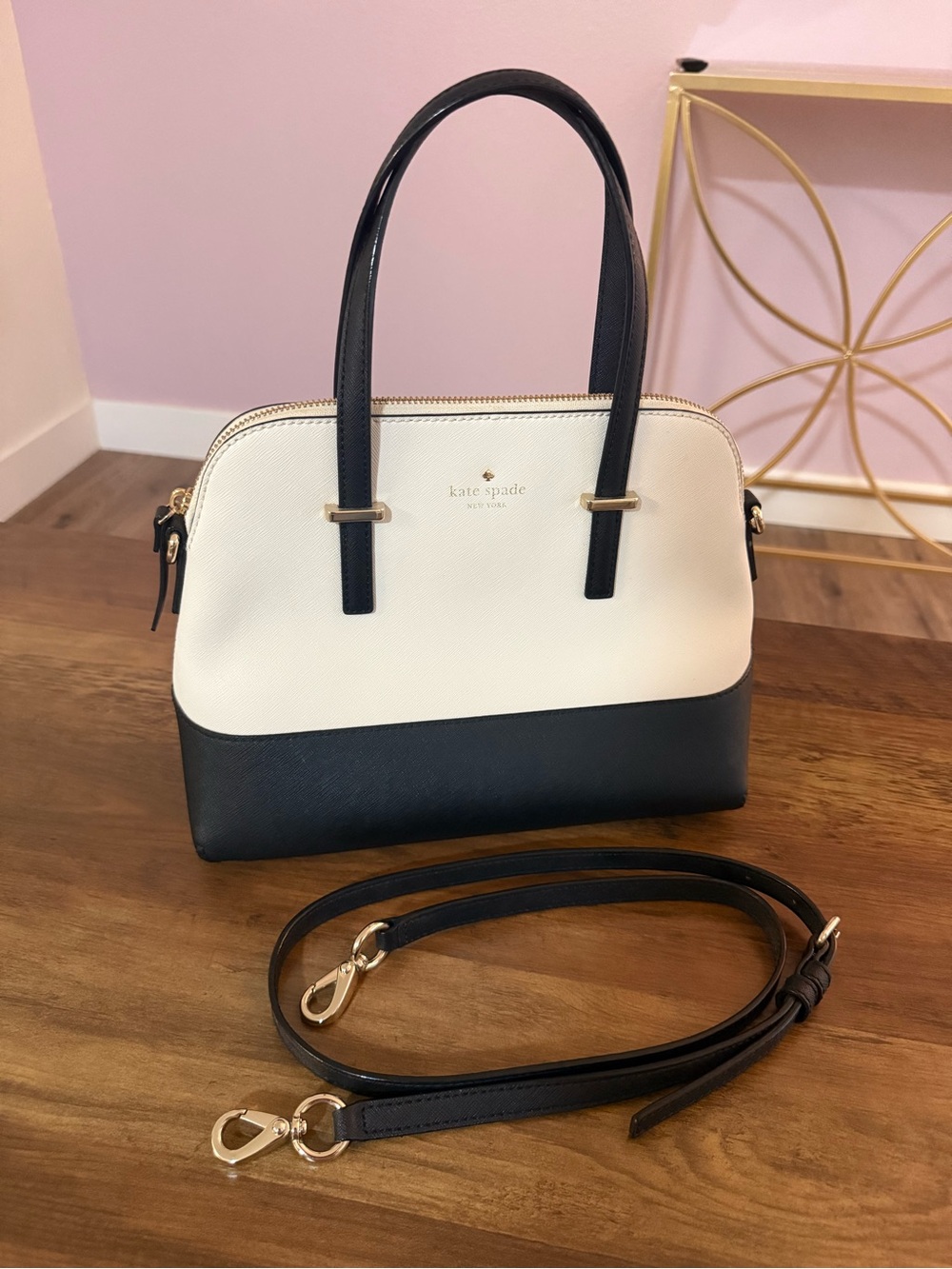 Kate Spade Black and Cream Satchel with Strap